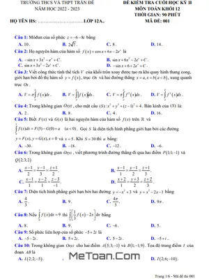 Đề Thi Cuối Kỳ 2 Toán 12 Năm 2022-2023 Trường THPT Trần Đề - Sóc Trăng