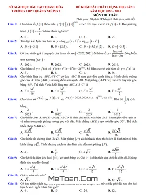 Đề HSG Toán 12 Lần 1 Năm 2022 - 2023 Trường THPT Quảng Xương 2 - Thanh Hóa