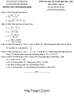 Đề thi học kỳ 2 môn Toán lớp 11 năm 2021 - 2022 trường THPT Trần Quang Khải - TP.HCM