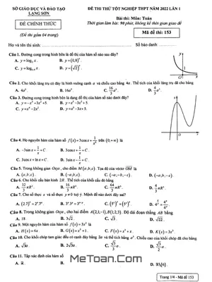 Đề thi thử THPT Quốc gia 2022 môn Toán lần 1 Sở GD&ĐT Lạng Sơn (mã đề 153)