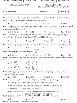 Đề thi thử THPT Quốc gia 2020 môn Toán lần 1 trường chuyên Quốc học Huế
