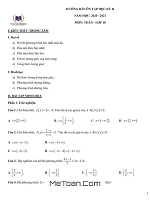 Hướng dẫn ôn tập học kì 2 Toán 10 Vinschool Hà Nội năm 2020 - 2021