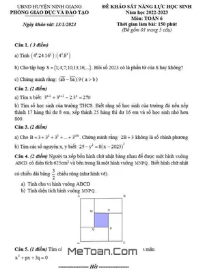 Đề khảo sát năng lực Toán 6 năm 2022 - 2023 phòng GD&ĐT Ninh Giang - Hải Dương