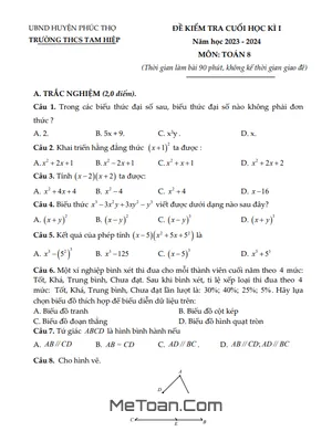 Đề thi học kì 1 Toán 8 năm 2023 - 2024 trường THCS Tam Hiệp - Hà Nội