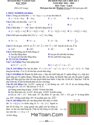 Đề thi giữa kỳ 1 Toán 8 năm 2023 - 2024 sở GD&ĐT Bắc Ninh