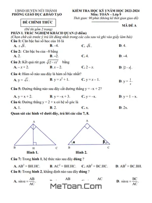 Đề thi học kỳ 1 Toán 9 năm 2023 - 2024 phòng GD&ĐT Núi Thành - Quảng Nam