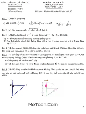 Đề thi học kỳ 1 Toán 9 năm 2019 - 2020 phòng GD&ĐT Củ Chi - TP HCM