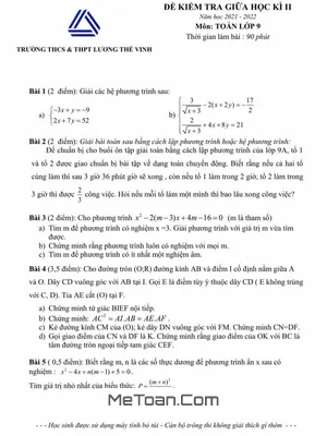 Đề Thi Giữa Học Kì 2 Toán 9 Năm 2021 - 2022 Trường Lương Thế Vinh - Hà Nội