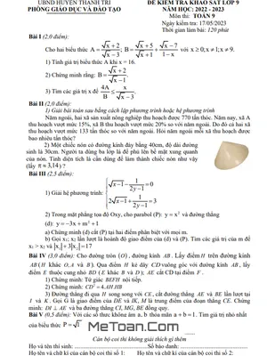 Đề kiểm tra khảo sát Toán 9 năm 2022 - 2023 phòng GD&ĐT Thanh Trì - Hà Nội