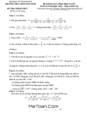 Đề HSG Toán 8 Vòng 2 Năm 2022 - 2023 Trường THCS Trần Mai Ninh - Thanh Hóa