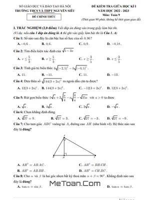 Đề thi giữa kì 1 Toán 9 năm 2022 - 2023 trường THCS&THPT Nguyễn Siêu - Hà Nội