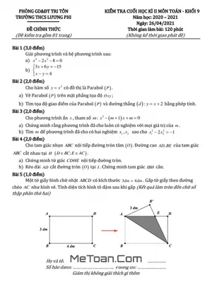 Đề thi Toán 9 cuối kì 2 năm 2020-2021 trường THCS Lương Phi - An Giang