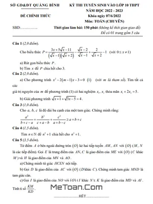 Đề thi tuyển sinh lớp 10 môn Toán (chuyên) năm 2022 - 2023 Sở GD&ĐT Quảng Bình
