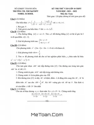 Đề thi thử Toán vào lớp 10 năm 2021 - 2022 trường Nobel School - Thanh Hóa