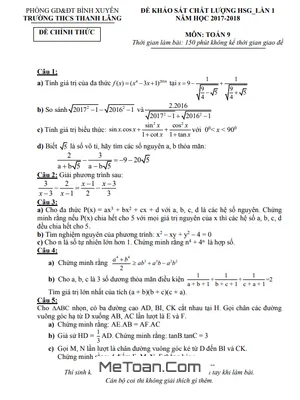 Đề khảo sát HSG Toán 9 lần 1 năm 2017-2018 trường THCS Thanh Lãng - Vĩnh Phúc