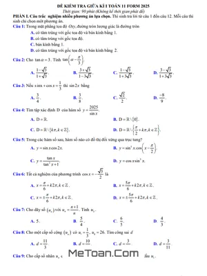Bộ 05 Đề Kiểm Tra Giữa Kì 1 Toán 11 Trắc Nghiệm Mới Nhất 2024 - 2025