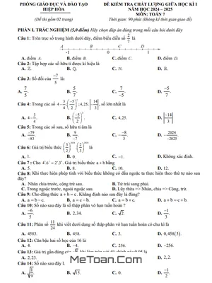 Đề giữa học kì 1 Toán 7 năm 2024 - 2025 phòng GD&ĐT Hiệp Hòa - Bắc Giang