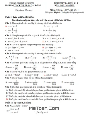 Đề GK1 Toán 9 Năm 2024 - 2025 Trường THCS Thị Trấn Cái Rồng - Quảng Ninh