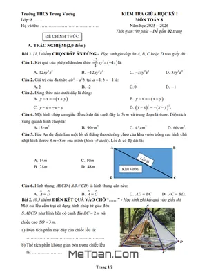 Đề thi giữa học kỳ 1 Toán 8 năm 2025 – 2026 trường THCS Trưng Vương – Hà Nội