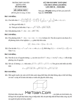 Đề thi Olympic Toán THCS lần 2 năm 2026 trường chuyên Thăng Long – Lâm Đồng