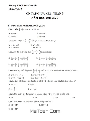 Ôn tập giữa kì 2 Toán 7 năm 2025 – 2026 trường THCS Trần Văn Ơn – TP HCM