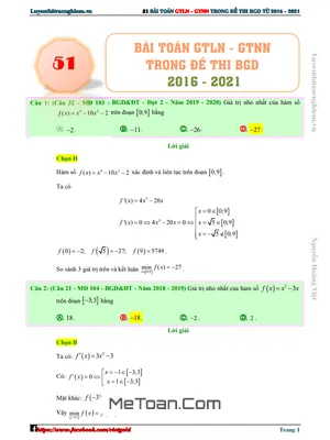 Tuyển tập 51 Bài Toán GTLN - GTNN Hàm Số trong Đề Thi THPT Quốc Gia Môn Toán (2016 - 2021)