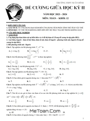 Đề Cương Ôn Tập Giữa Kỳ 2 Môn Toán Lớp 12 Năm 2023 - 2024 Trường THPT Xuân Đỉnh - Hà Nội