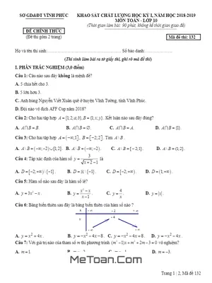 Đề kiểm tra học kỳ 1 Toán 10 năm 2018 - 2019 sở GD&ĐT Vĩnh Phúc (có đáp án)