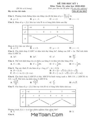 Đề thi HK1 Toán 12 năm 2020 - 2021 trường THPT Nguyễn Thị Minh Khai - Hà Nội
