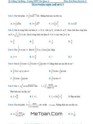 Trắc nghiệm Tích phân hạn chế máy tính cầm tay - Thầy Đặng Việt Đông