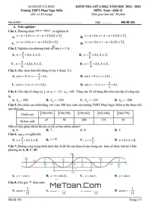 Đề thi giữa HK1 Toán 11 năm 2023 - 2024 trường THPT Phan Ngọc Hiển - Cà Mau