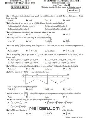 Đề thi giữa kì 2 Toán 12 năm 2022 - 2023 trường THPT Trần Hưng Đạo - Nam Định