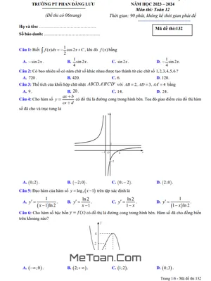 Đề khảo sát Toán 12 năm 2023 – 2024 trường THPT Phan Đăng Lưu – Hải Phòng