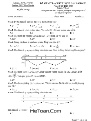 Đề kiểm tra chất lượng Toán 12 lần 1 năm 2019 – 2020 trường Hàn Thuyên – Bắc Ninh