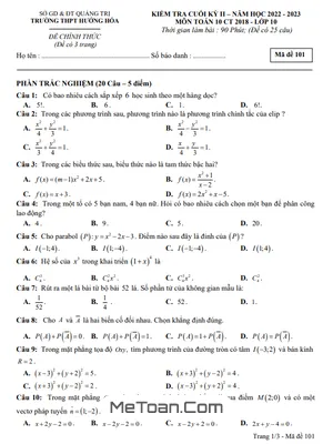 Đề thi học kỳ 2 Toán 10 năm 2022 - 2023 trường THPT Hướng Hóa - Quảng Trị