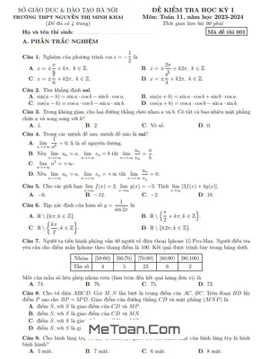Đề thi học kỳ 1 Toán 11 năm 2023 - 2024 trường Nguyễn Thị Minh Khai - Hà Nội