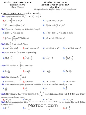 Đề thi HK2 Toán 12 năm học 2016 - 2017 trường THPT Nam Sài Gòn - TP. HCM