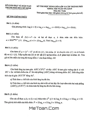 Đề thi học sinh giỏi Toán 12 năm 2019 sở GD&ĐT TP Hồ Chí Minh