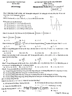 Đề thi thử THPT Quốc gia 2018 môn Toán sở GD&ĐT Hưng Yên