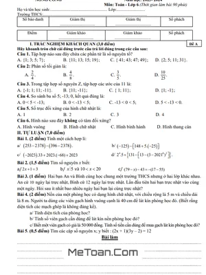 Đề thi học kì 1 Toán 6 năm 2023 - 2024 phòng GD&ĐT Nông Cống - Thanh Hóa