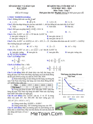Đề thi học kì 1 Toán 7 năm 2023 - 2024 sở GD&ĐT Bắc Ninh