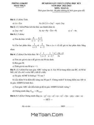 Đề thi học kì 1 Toán 8 năm 2022 - 2023 phòng GD&ĐT Thái Thụy - Thái Bình