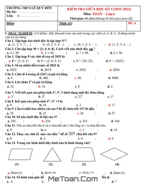 Đề thi giữa học kỳ 1 Toán lớp 6 năm 2021 - 2022 trường THCS Lê Quý Đôn - Quảng Nam