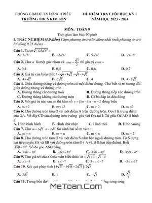 Đề Thi Học Kỳ 1 Toán 9 Năm 2023 - 2024 Trường THCS Kim Sơn - Quảng Ninh