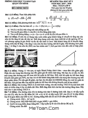 Đề thi học kỳ 1 Toán 9 năm 2019 - 2020 phòng GD&ĐT Tân Bình - TP HCM