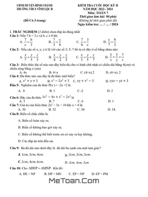 Đề Tham Khảo Cuối Kỳ 2 Toán 7 Năm 2023 - 2024 Phòng GD&ĐT Bình Chánh - TP HCM