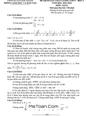 Đề khảo sát Toán 9 đợt 3 năm 2022 - 2023 phòng GD&ĐT Kim Thành - Hải Dương