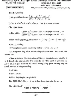 Đề thi học sinh giỏi Toán 8 năm 2022 - 2023 phòng GD&ĐT Sầm Sơn, Thanh Hóa