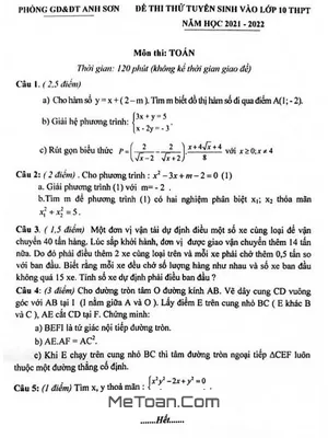 Đề thi thử Toán vào lớp 10 năm 2021 - 2022 phòng GD&ĐT Anh Sơn - Nghệ An