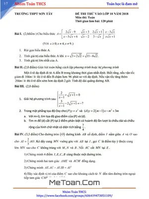 Đề thi thử vào lớp 10 môn Toán năm 2018 trường THPT Sơn Tây - Hà Nội (Có lời giải)